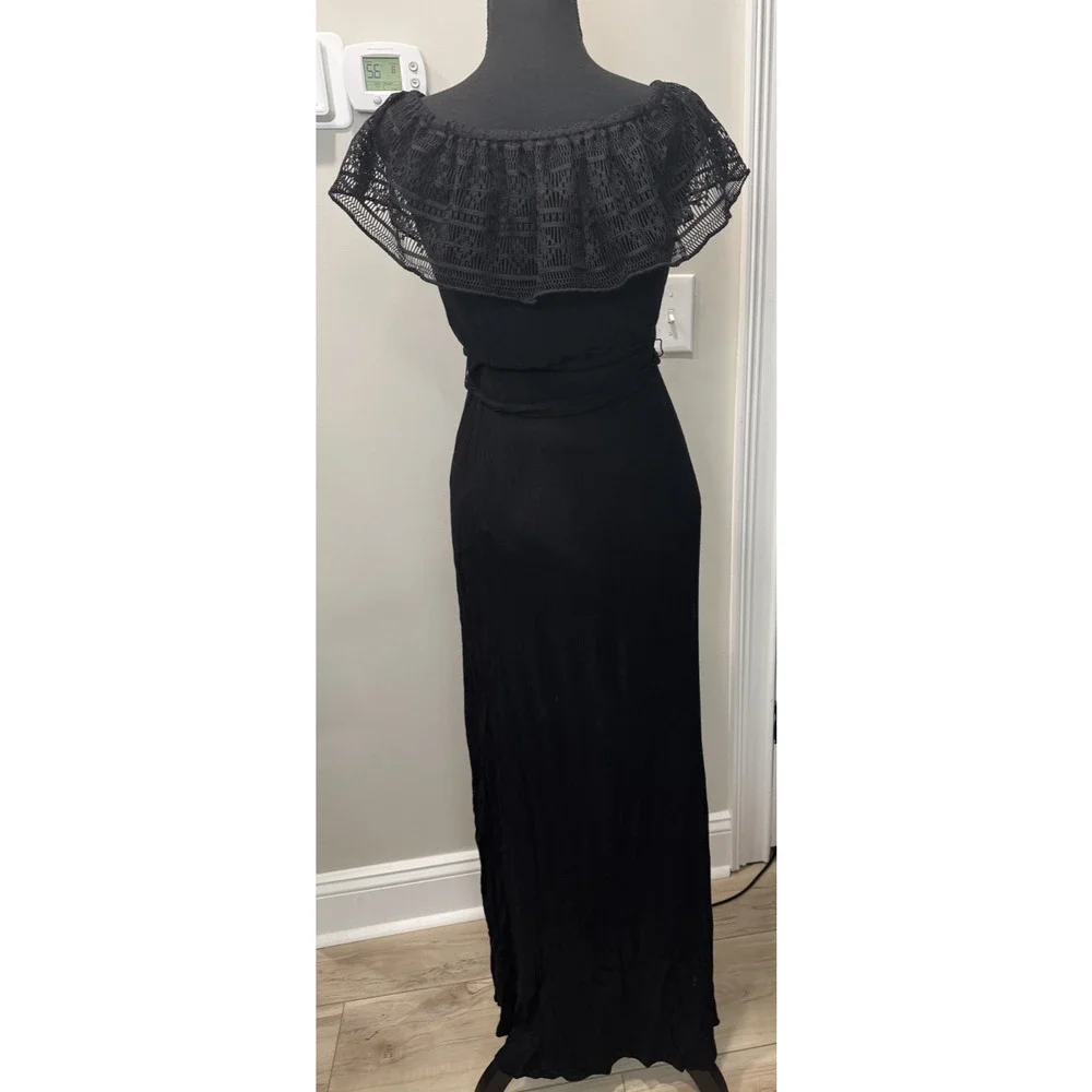 Whimsigoth Black Dress Rayon Boho Long Slit Lace Detail Gothic Cottage Size XS - Picture 2 of 11